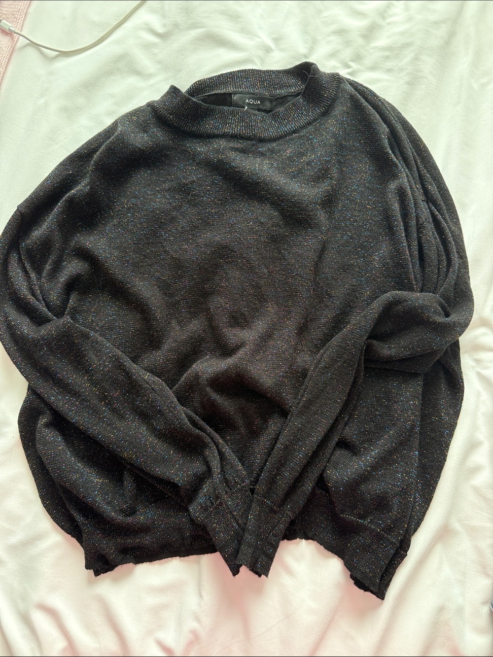 Aqua Woman’s Black Crewneck Sweater with Multicolor Speckle